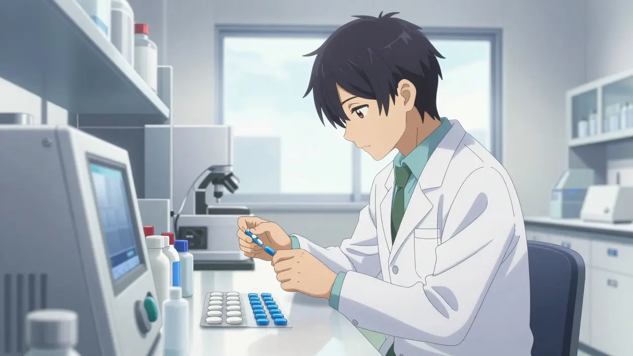 Scientist inspecting colorful tablets in a clean, high-tech pharmaceutical lab