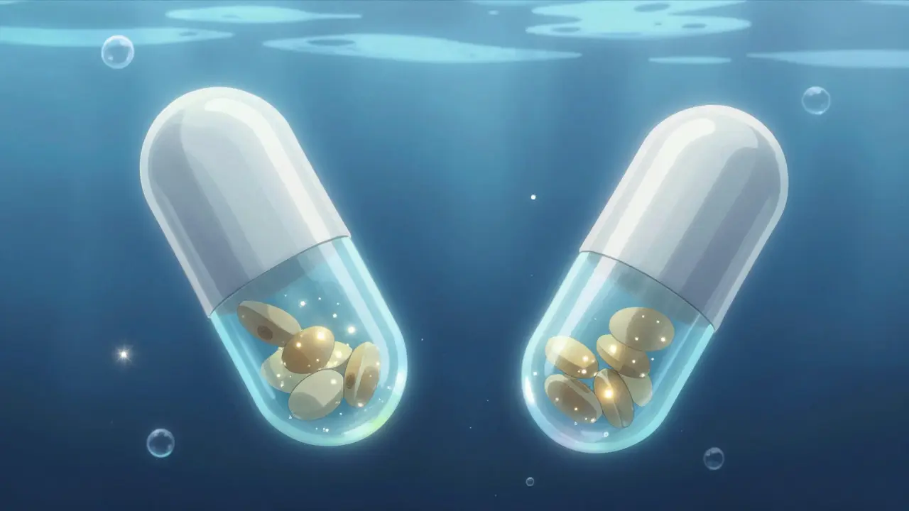 Two glowing drug capsules showing identical active ingredients in a blue liquid