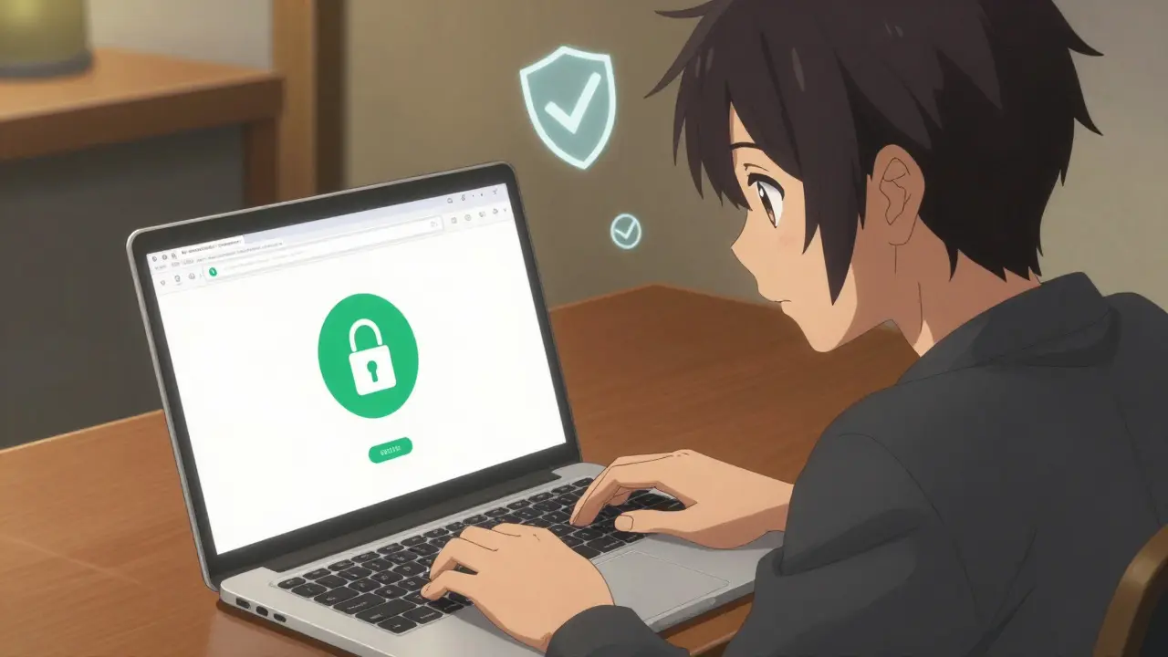 Anime character verifying safe online pharmacy credentials on laptop