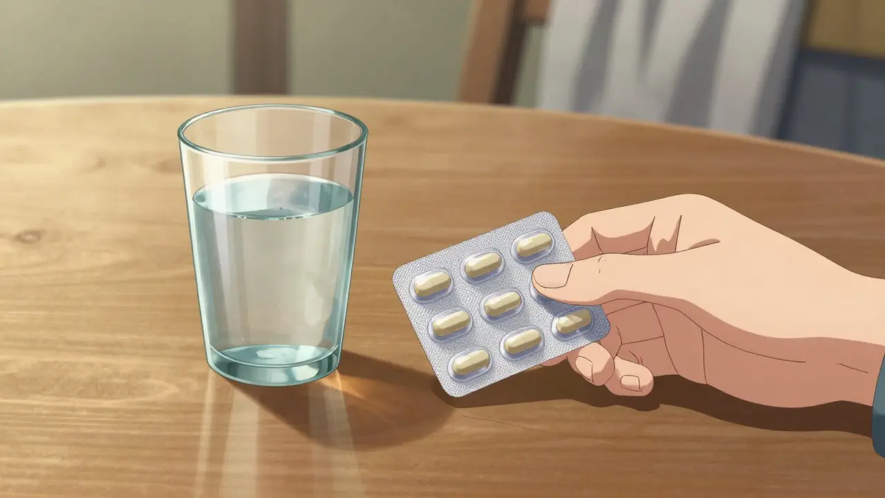 Anime hand holding flu medicine pills and water