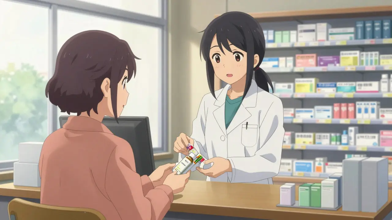 Anime pharmacist handing medicine to a happy customer in shop