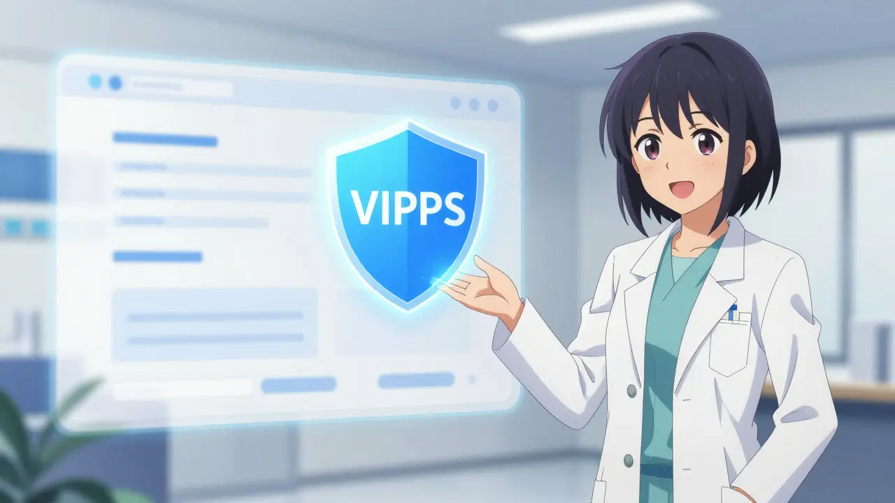 Anime pharmacist standing next to a safety shield icon in a digital setting.
