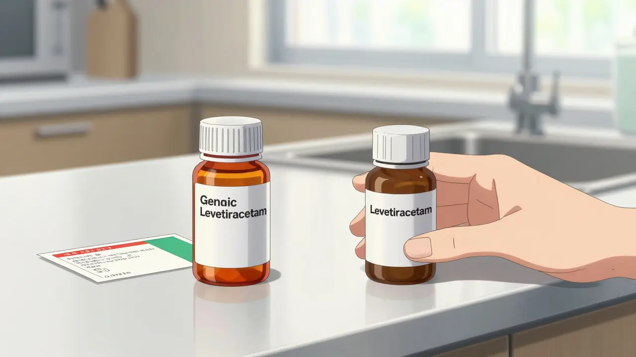 Anime style comparison of generic vs brand name seizure medication bottles