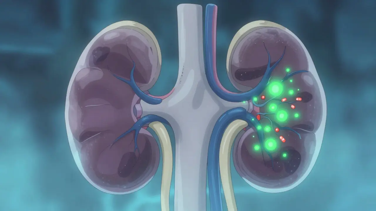 Anime-style illustration showing kidneys filtering drugs with blocked blood vessels.