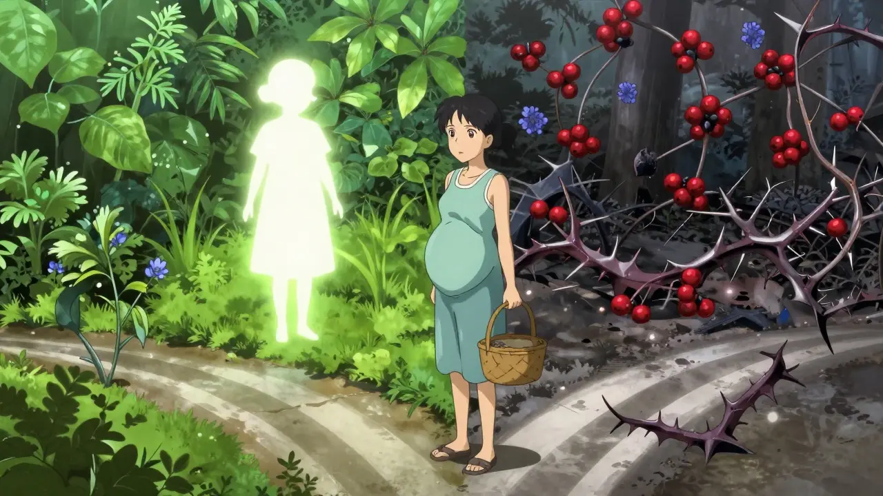 Anime woman choosing between safe and risky herbal paths in a symbolic garden setting.