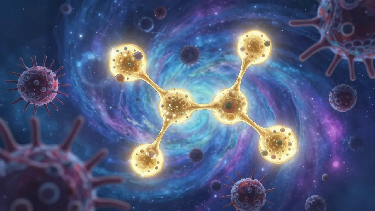 Artistic depiction of targeted therapy molecules neutralizing cancer cells.