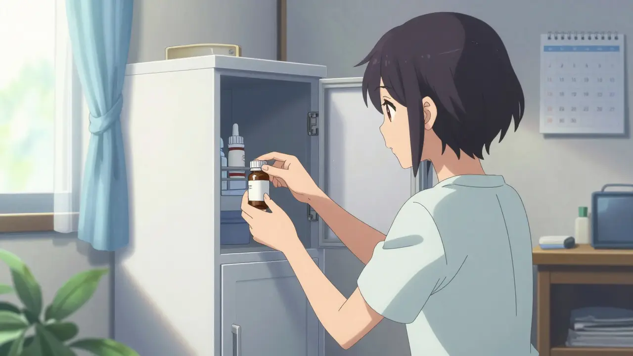 Character storing medicine properly in a cool dry place