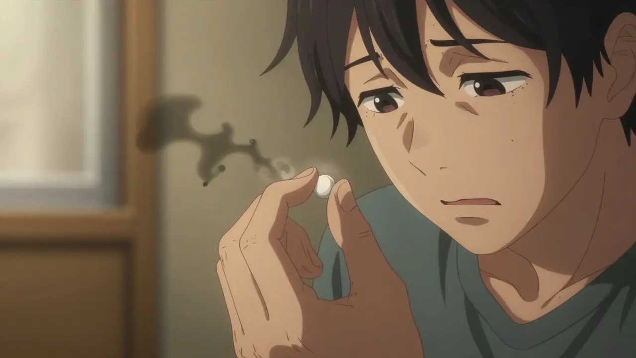 Close up of trembling hands holding a pill with dark shadows around them