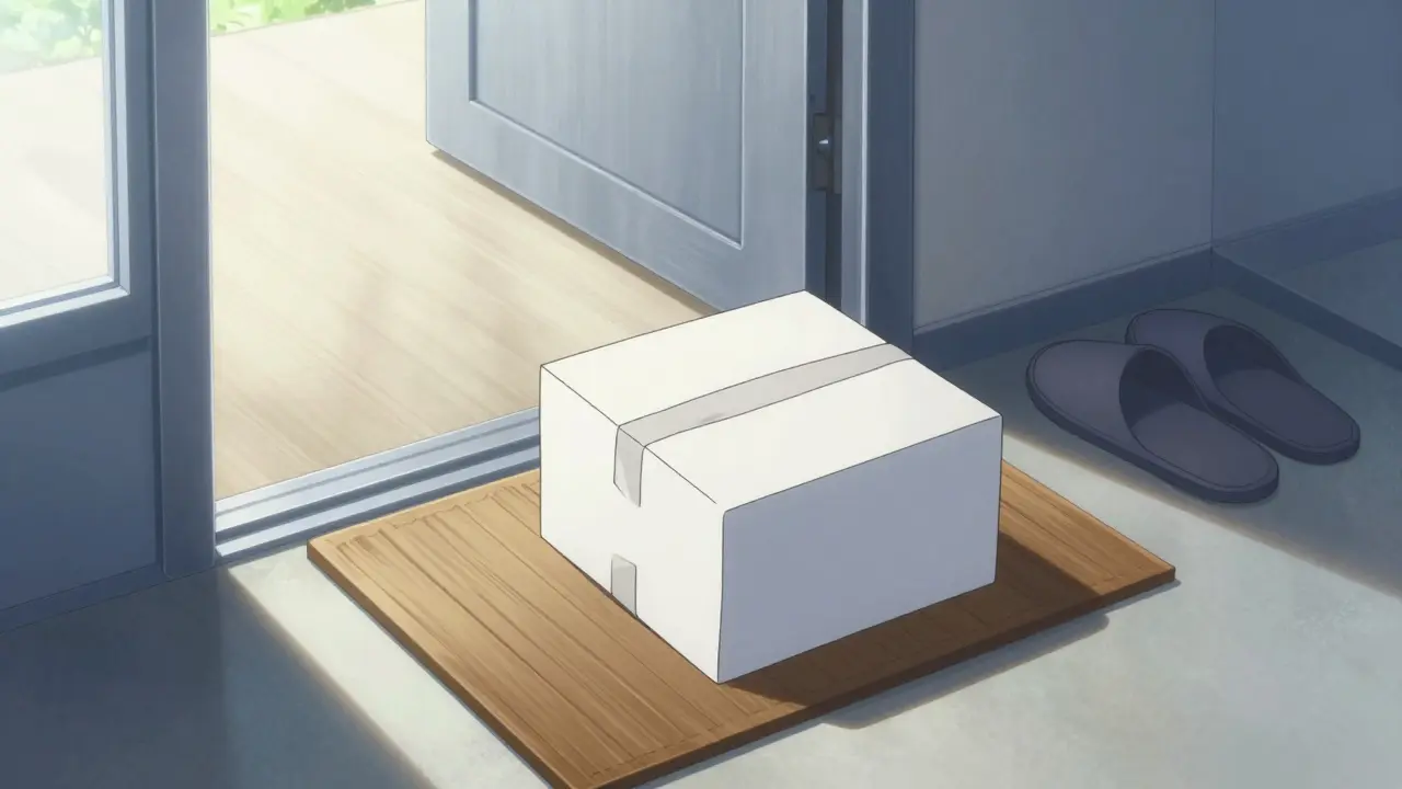 Discreet medication package delivered to doorstep in sunlight