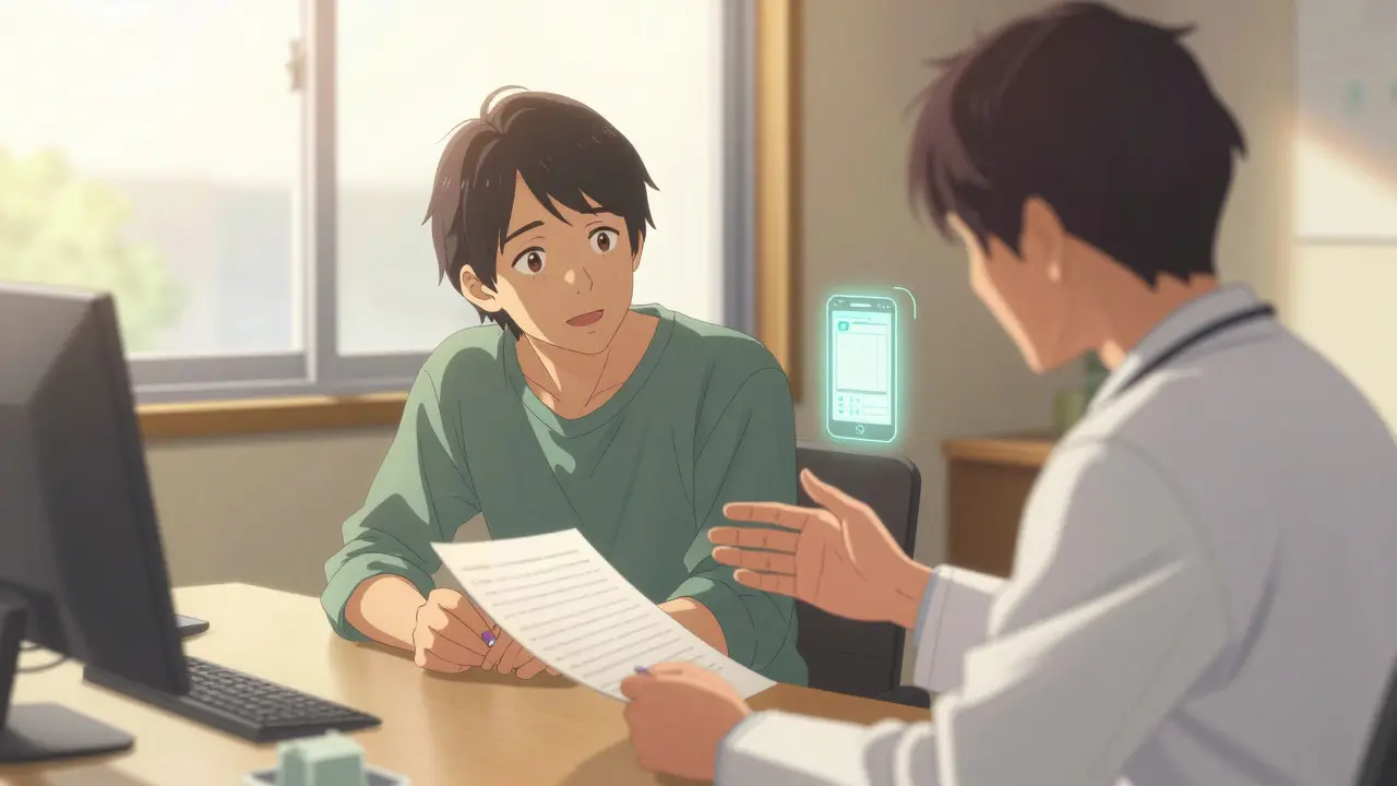 Doctor and patient reviewing charts together in a sunny, supportive office
