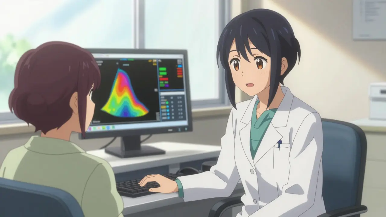 Doctor and patient reviewing manometry data on a blurred monitor in clinic.