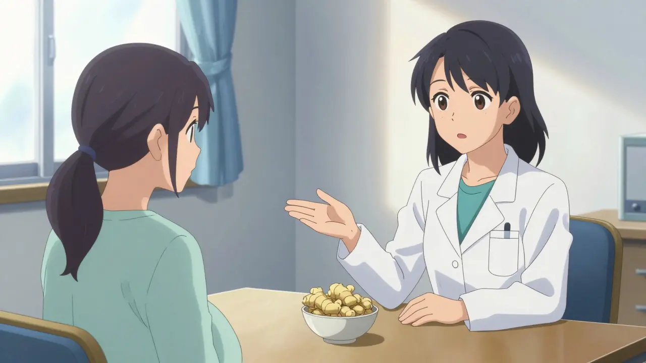 Doctor discussing safe ginger use with a pregnant patient in a calm consultation room.