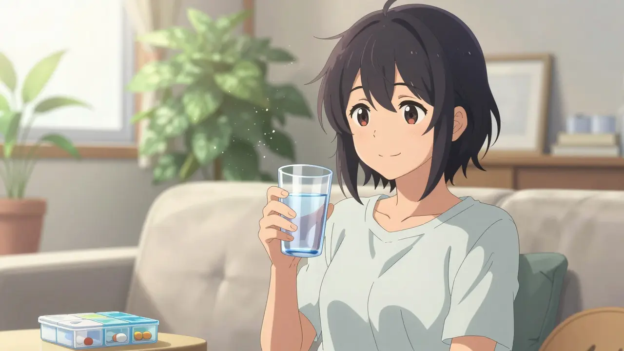 Happy anime character recovering at home with sunlight and water.