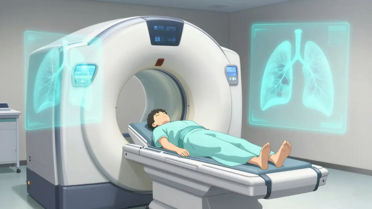 Patient undergoing a safe low-dose CT scan with holographic lung visuals.