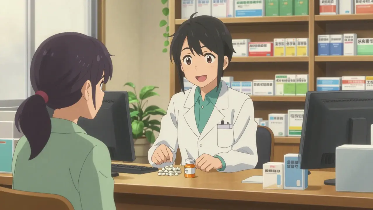 Pharmacist advising a patient about generic medications in a warm setting