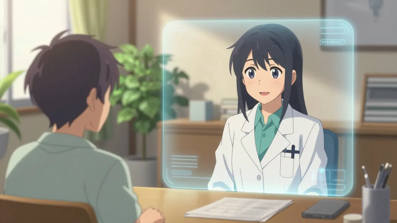 Serene telemedicine video call between doctor and patient in cozy home setting