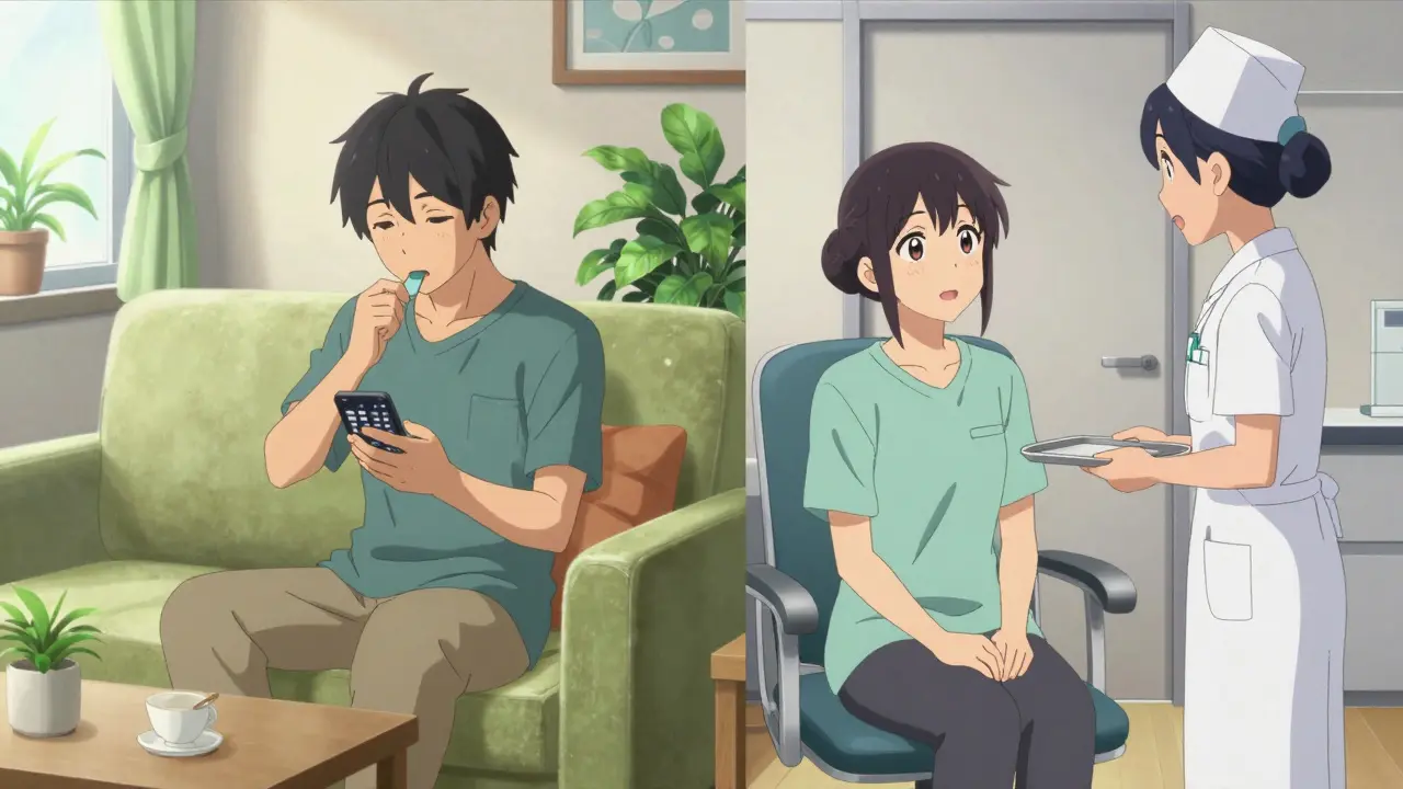 Split scene showing home tablet use vs clinic shots in anime