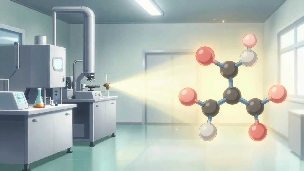 Stylized illustration of pharmaceutical manufacturing and molecular science