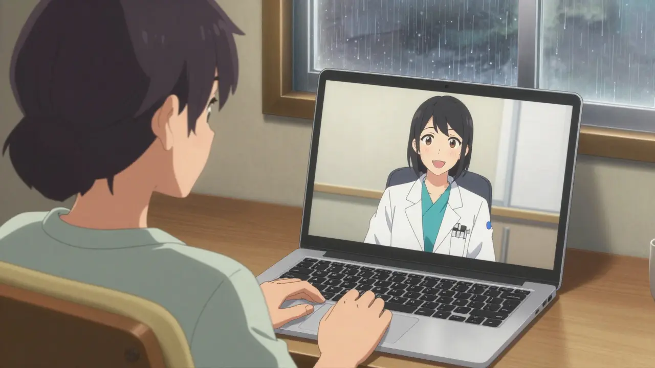 Telehealth video call with doctor in cozy home setting