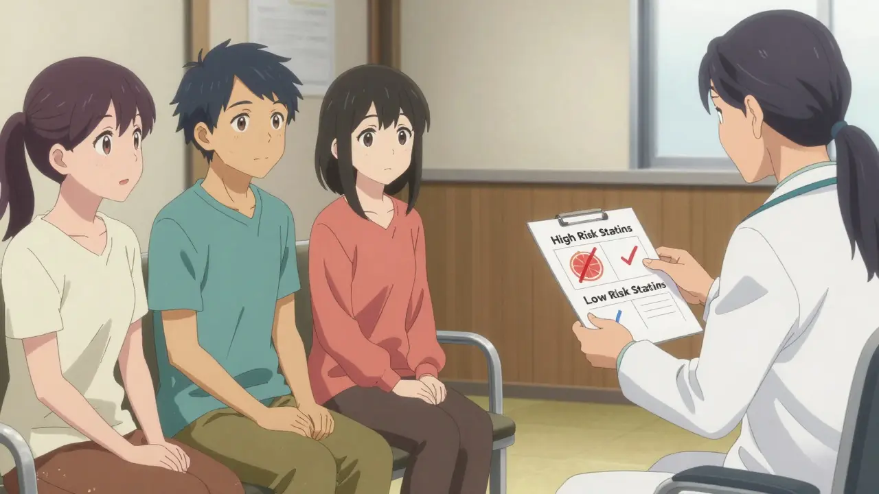 A Kyoto Animation style anime image of a doctor counseling patients about which statins are safe to take with grapefruit, emphasizing clear medical guidance.