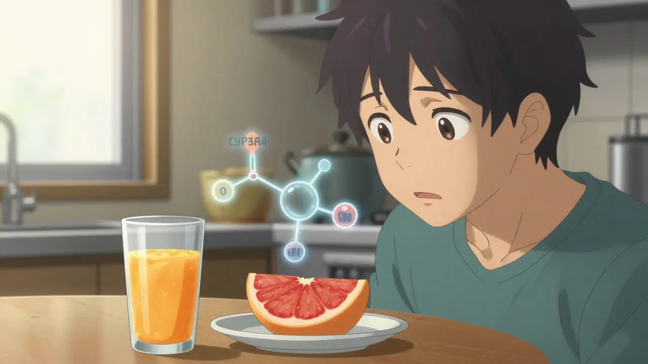 A Kyto Animation style anime scene depicting a patient's dilemma between safe citrus fruits like oranges and risky grapefruit when taking cholesterol medication.