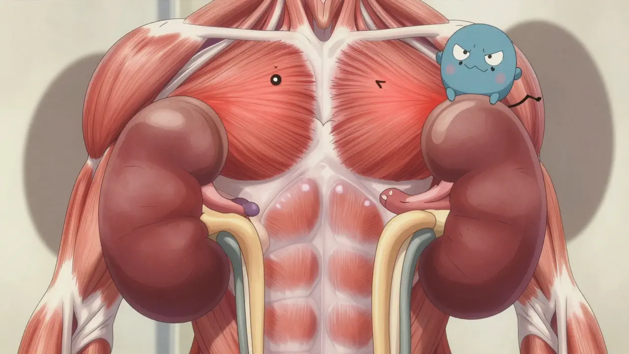 An educational anime-style illustration in Kyoto Animation style visualizing the physical effects of statin-grapefruit interaction on muscles and kidneys.