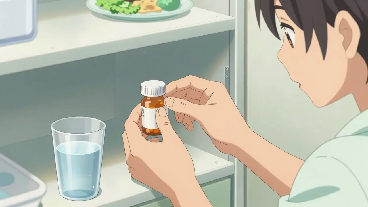 Anime character safely storing medication and preparing a meal for proper dosage