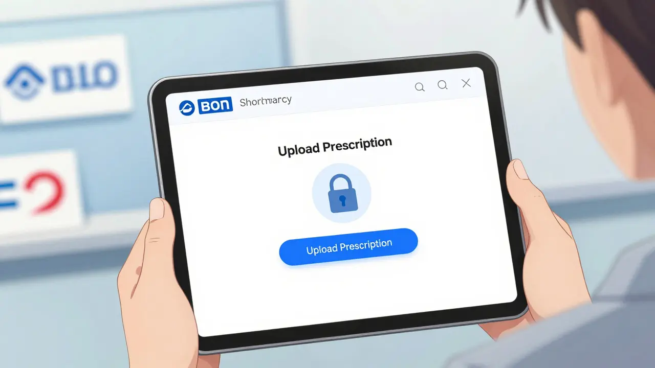 Anime character viewing a secure prescription upload screen on a tablet