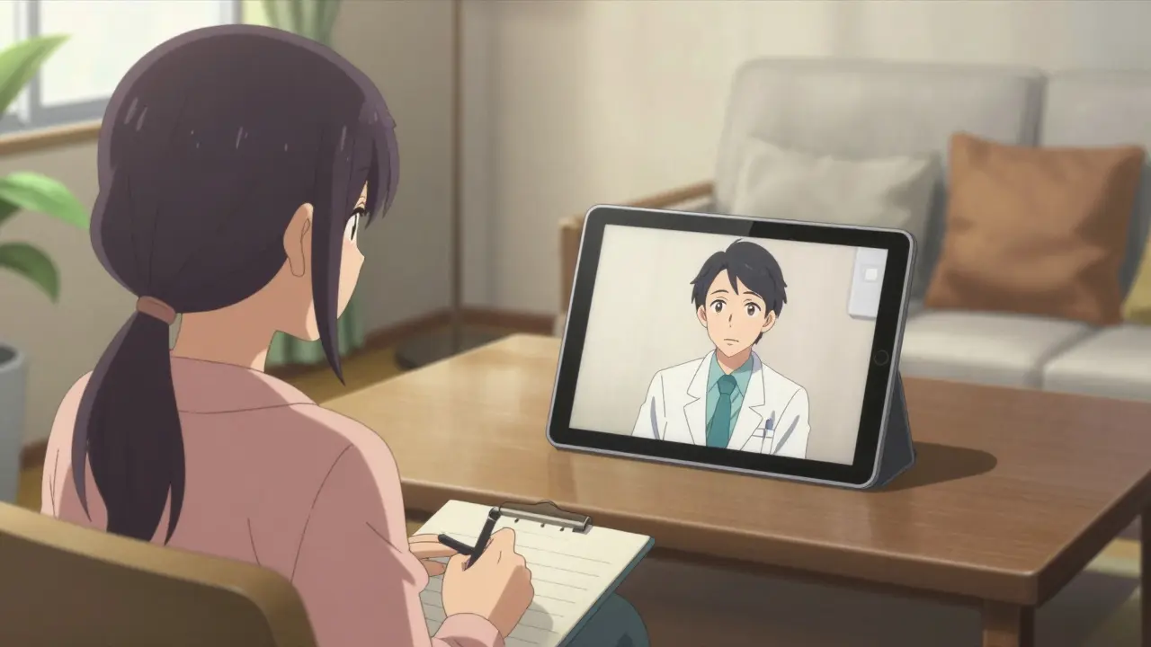 Anime patient having a video call with a reassuring doctor on a tablet