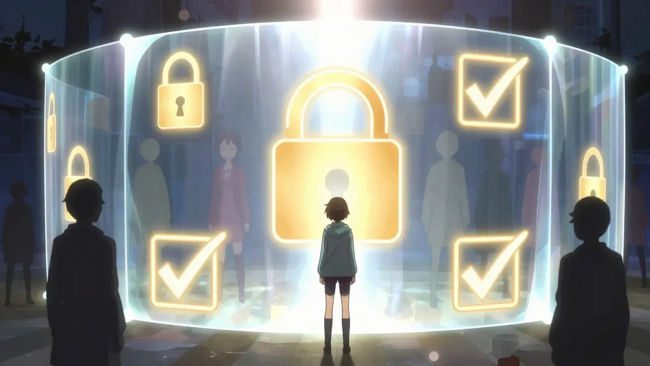 Anime style visual metaphor of a shield protecting against unsafe online pharmacies