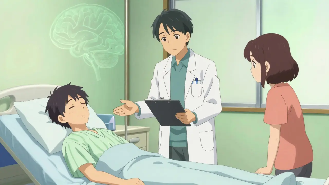 Doctor comforting patient in hospital bed, symbolizing recovery and care.