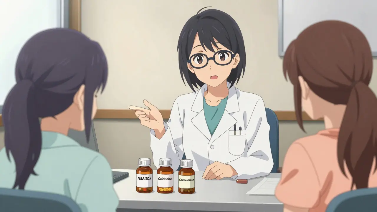 Doctor explaining gout medication options to patient in clinic