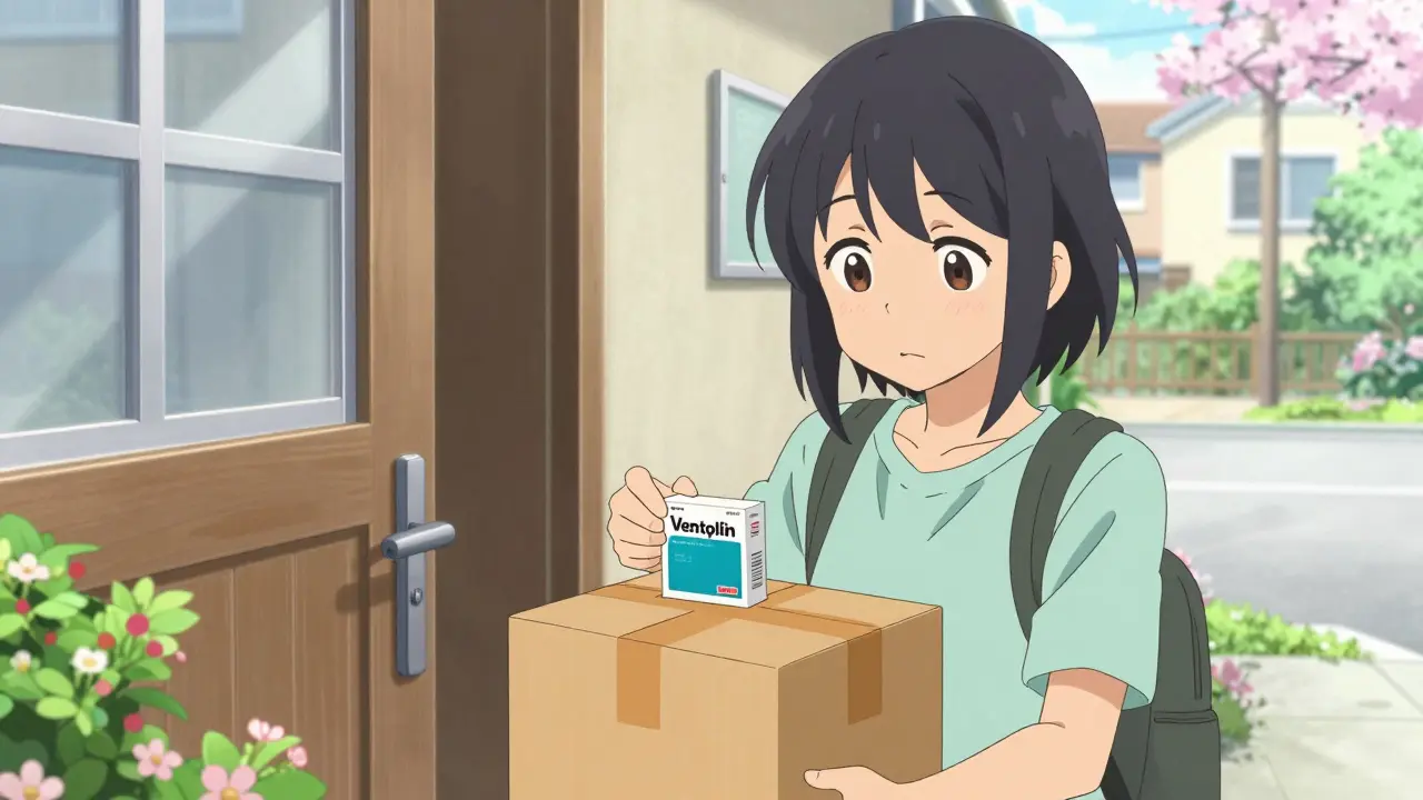 Happy anime character opening a delivered medicine package at home
