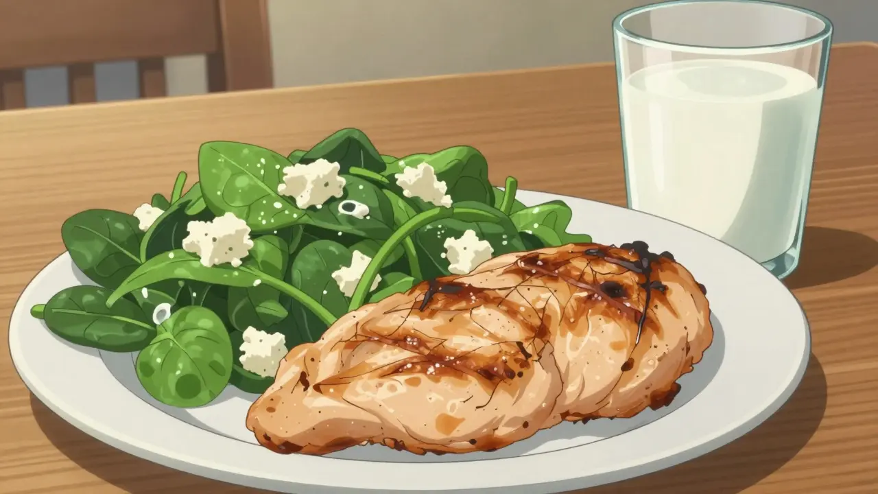 Healthy meal with spinach, feta, and chicken on table