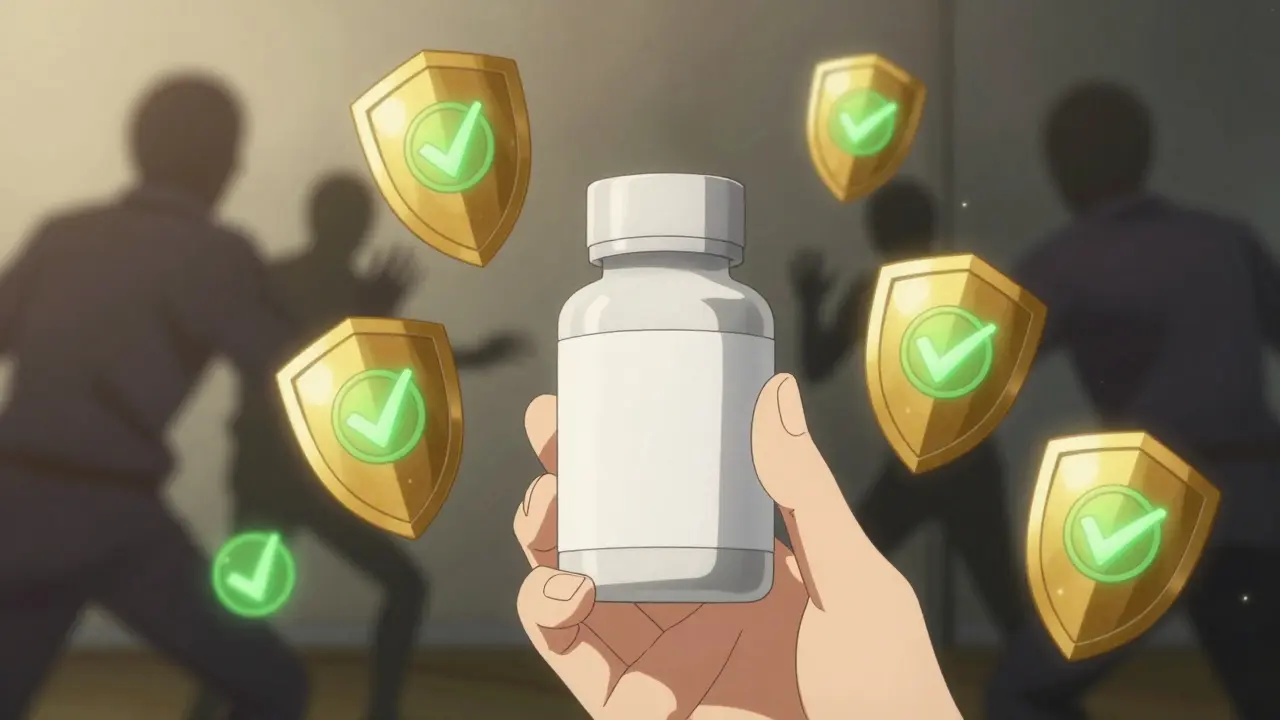 Medicine bottle protected by glowing safety shields