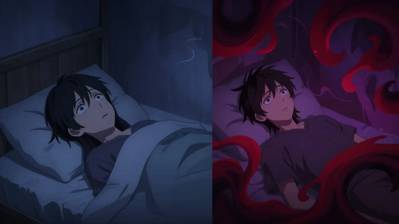 Split scene showing insomnia and hallucinations from steroid psychosis.