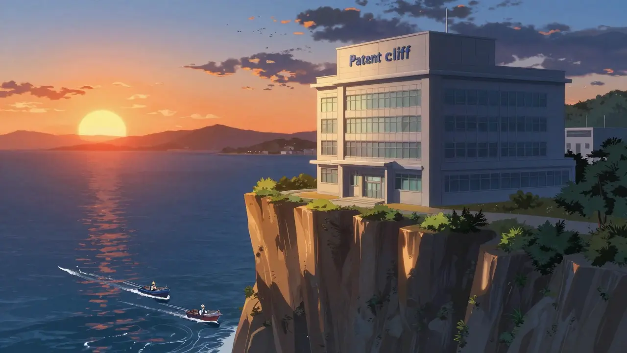 Anime building on cliff edge as generic boats approach at sunset