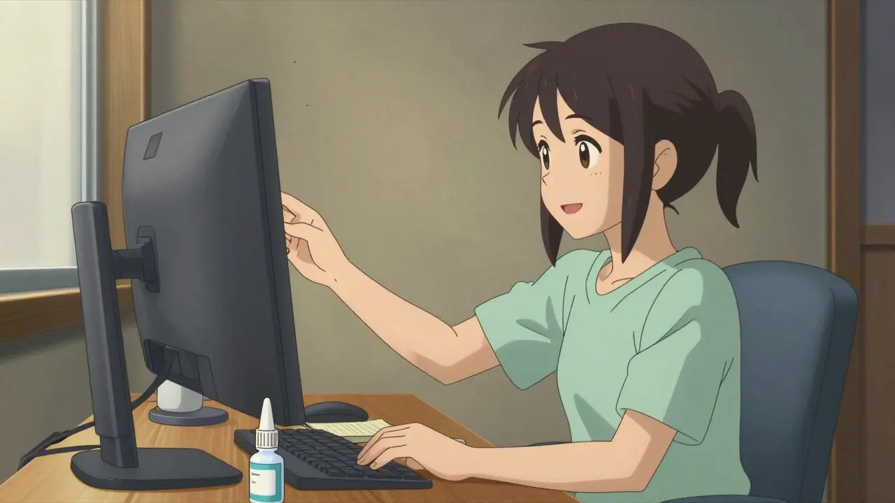 Anime character adjusting monitor and using eye drops