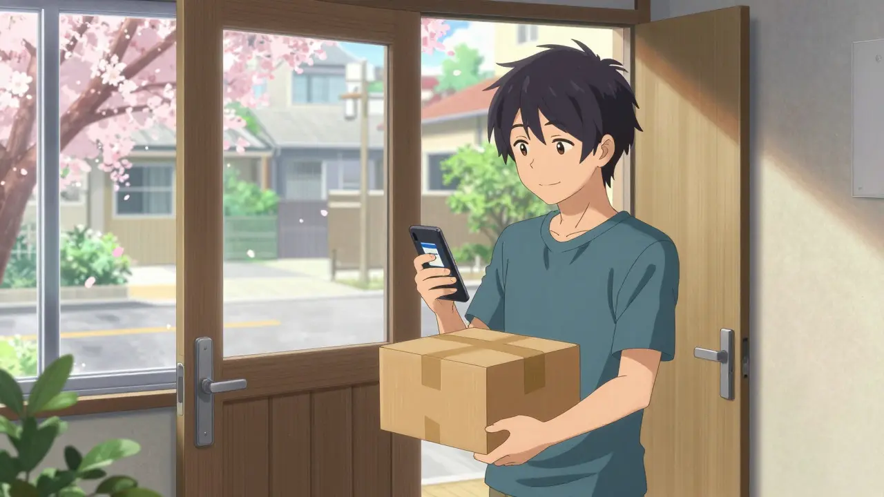 Anime character happily receiving secure medication delivery package