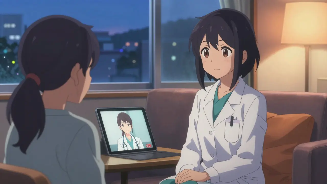 Anime character having a comforting telehealth video call with doctor