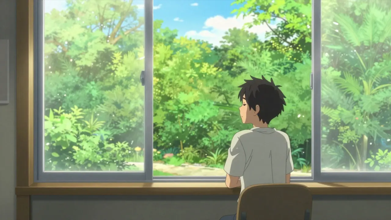 Anime character relaxing by looking out a window at nature