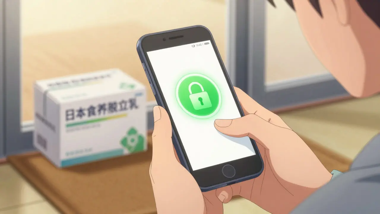 Anime character verifying safe online pharmacy on smartphone
