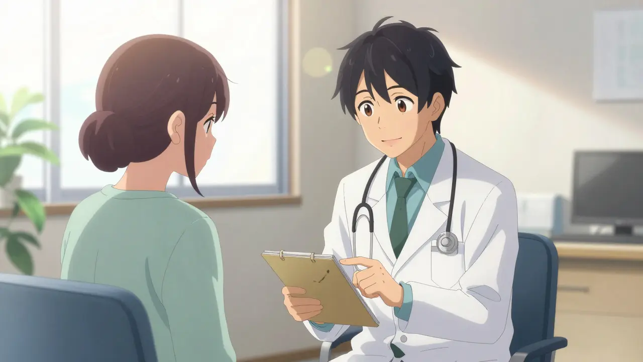 Anime doctor and patient discussing symptoms in a sunny clinic