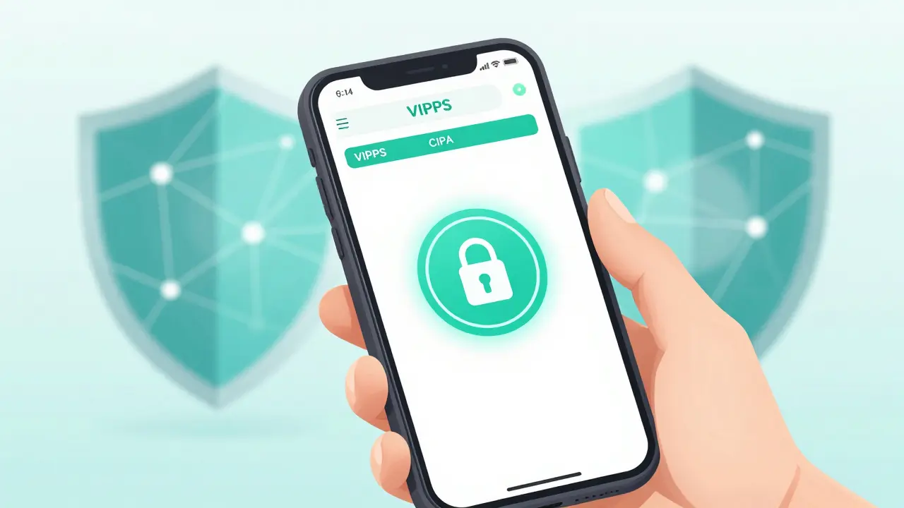 Anime hand holding phone showing secure pharmacy verification seals