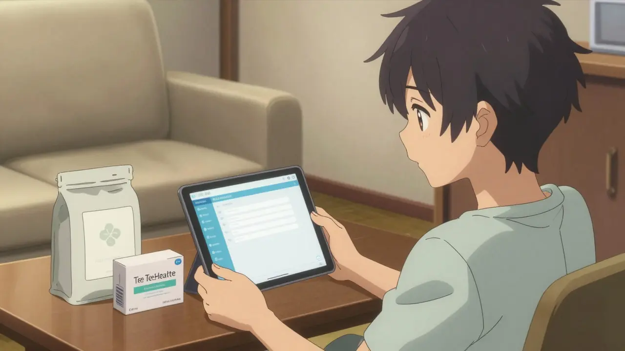 Anime person reviewing telehealth options with medication packages