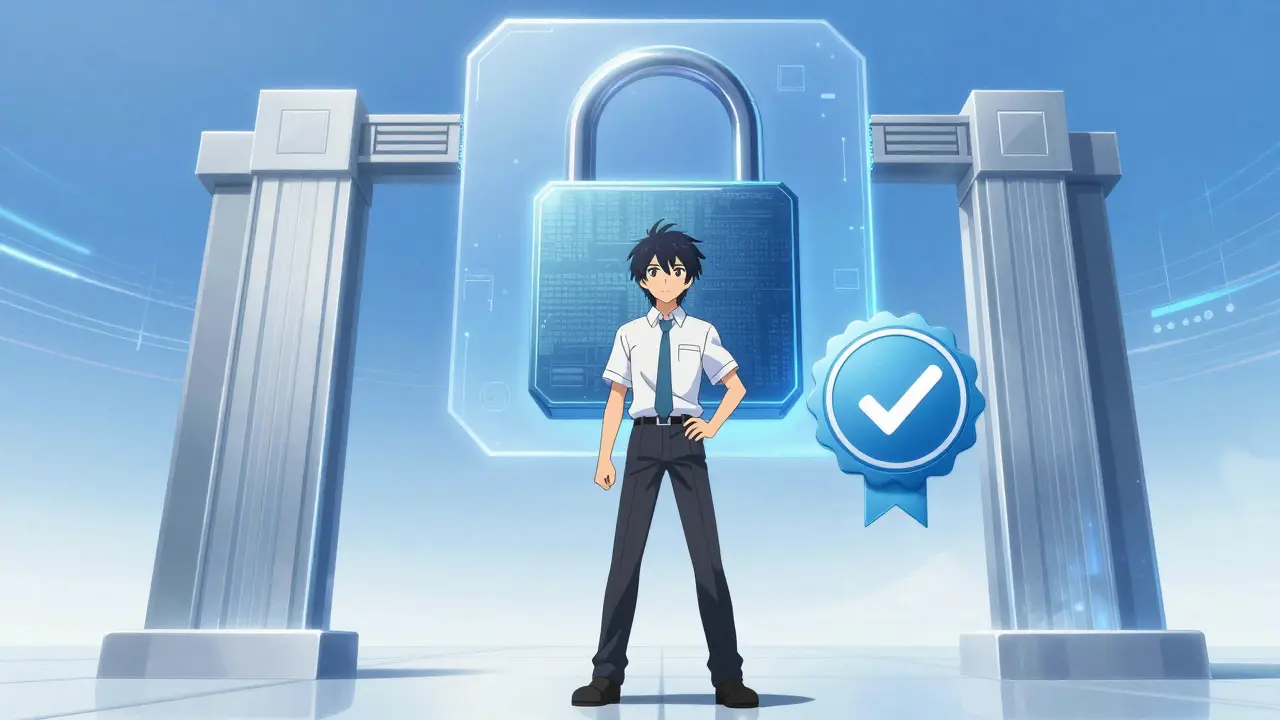 Character standing by digital padlock symbolizing safe online pharmacy