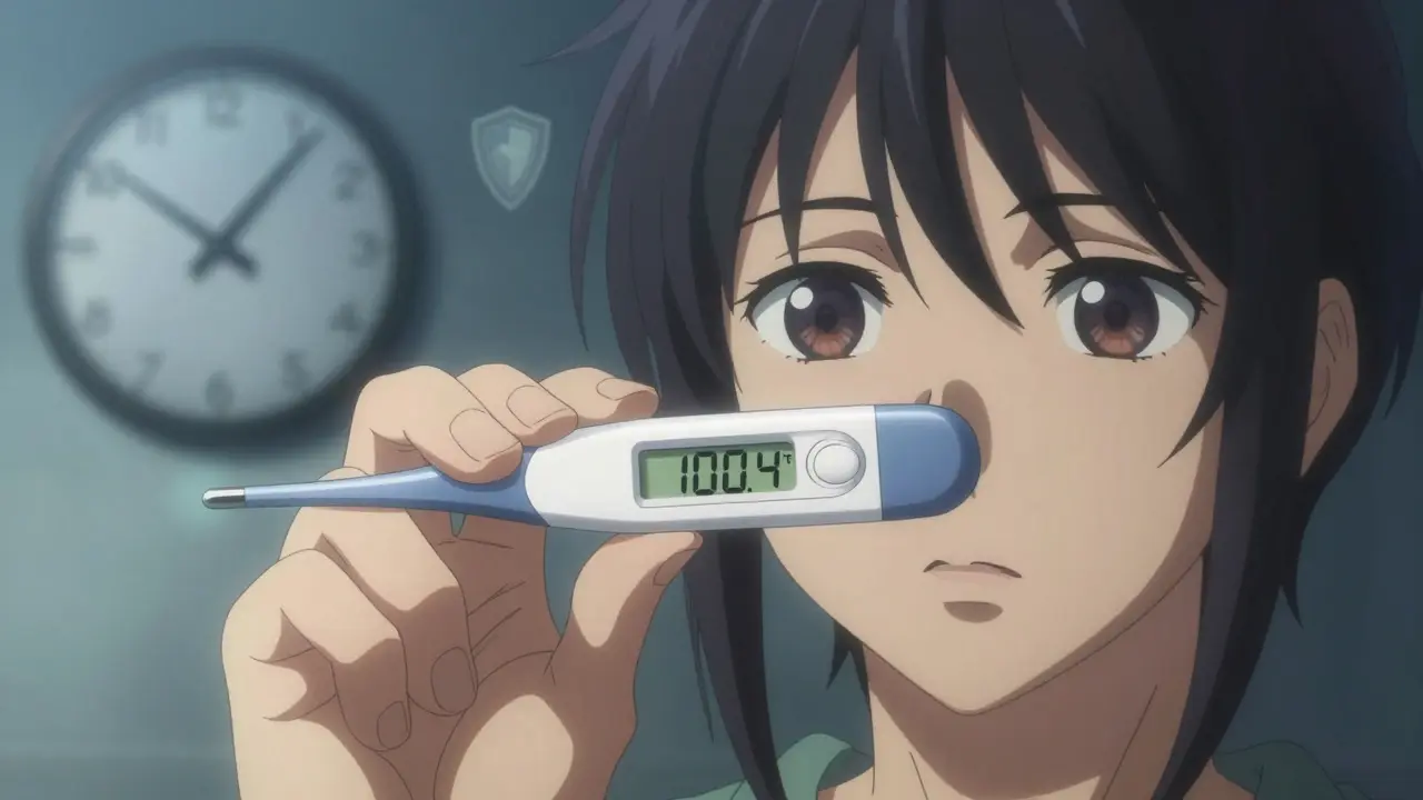 Close up of hand holding thermometer at 100.4F with urgent atmosphere