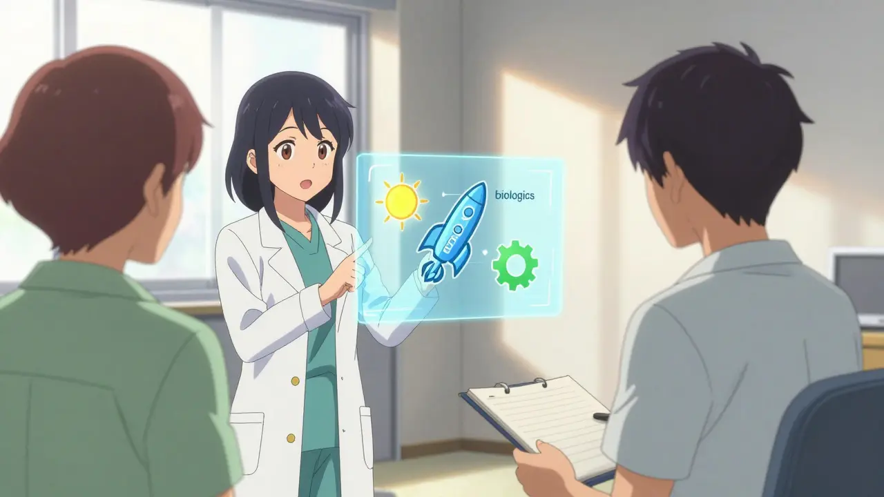 Doctor explaining drug types to patient with holographic chart in clinic
