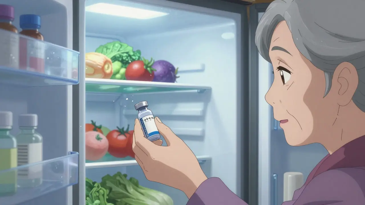 Elderly woman storing insulin correctly in the center of a fridge