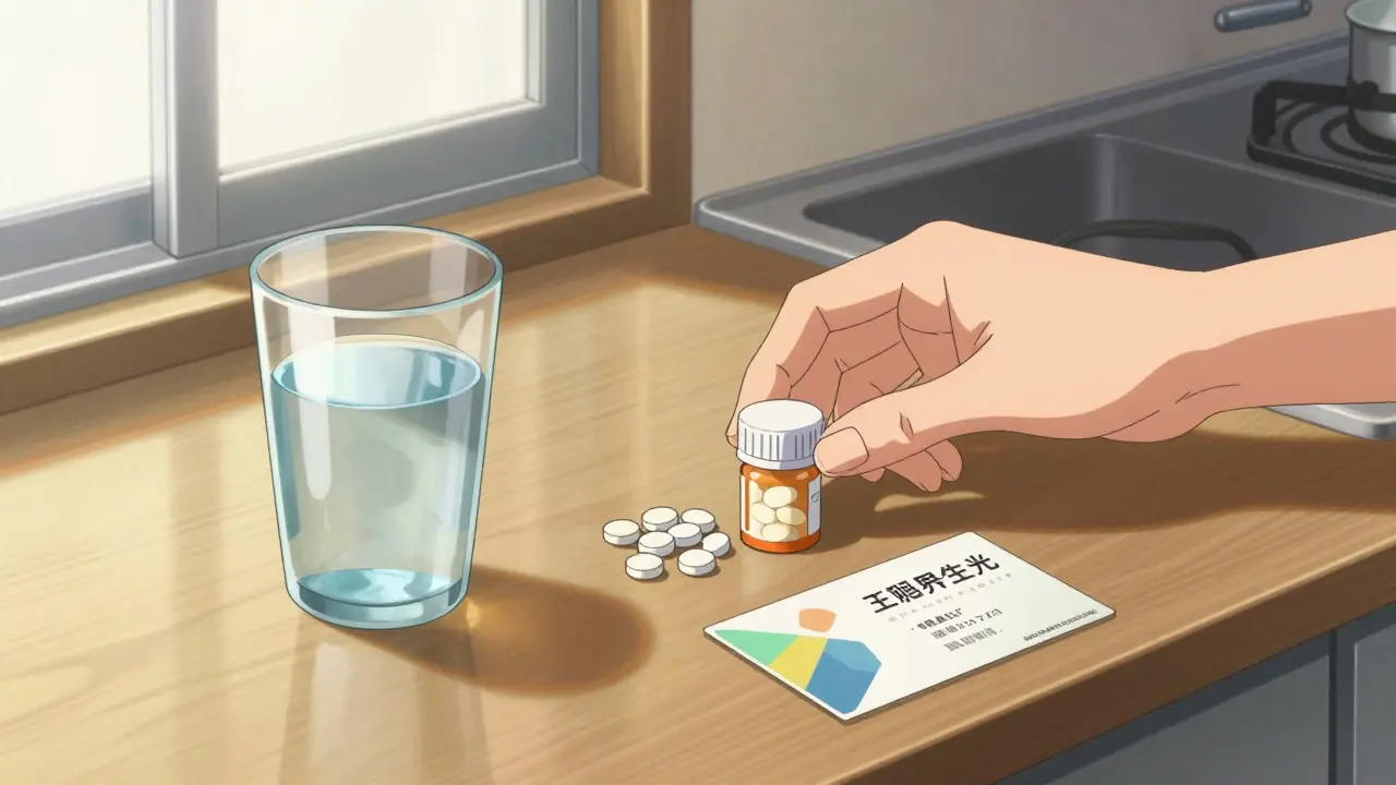 Hand picking up antibiotic pills and coupon on sunny table